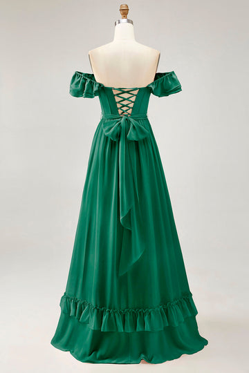 Royal Blue A-line Off The Shoulder Chiffon Long Bridesmaid Dress with Slit